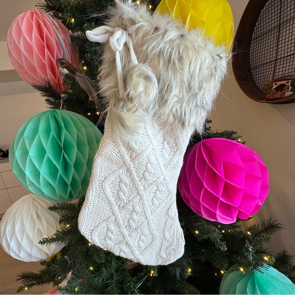 Cozy Knit Christmas Stockings with Faux Fur Trim and fur Pom poms (ONE Stocking)